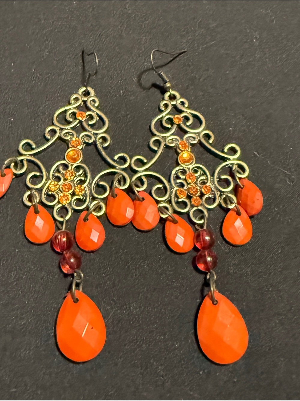 Orange Teardrop Filigree Chandelier Earrings - Unbranded